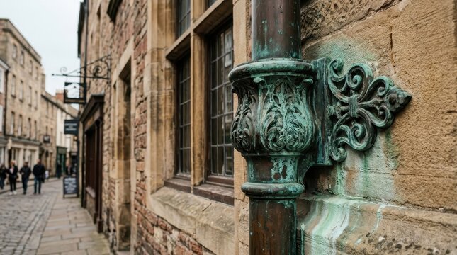 Ornate Copper Downspout with Green Patina Against an Old Stone Building Exterior
