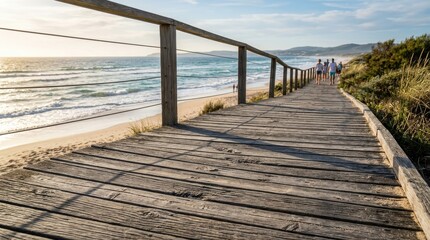 Obraz premium People strolling along a sun-drenched wooden boardwalk beside a sandy beach and the vast ocean under a clear sky.