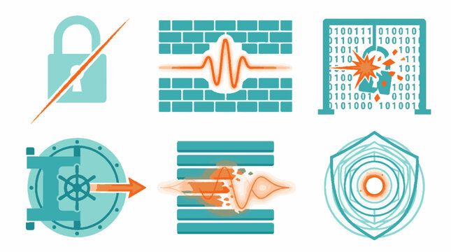 Cyber security and data breach vector icon set featuring digital locks firewalls and binary code patterns in a flat teal and orange graphic style