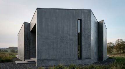 Fototapeta premium Modern Concrete House Exterior with Minimalist Design and Narrow Window