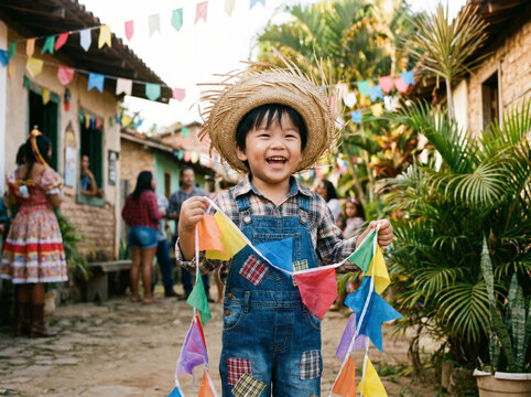 Smiling boy in Junina party with colorful flags