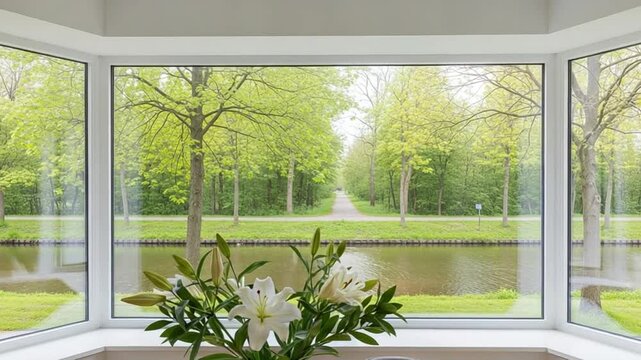 Scenic Bay Window View Overlooking A Peaceful Canal And Lush Green Forest Path With White Lilies In The Foreground