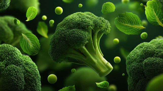 Fresh broccoli floating green leaf antioxidant molecule in dark background, healthy vegetable concept with fresh produce and nutrition science