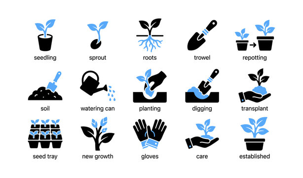 Gardening icons showing planting and transplant on white background