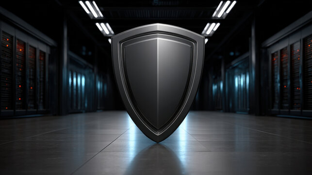 Front view metal shield in dark server room, cyber security protection concept, futuristic data center defense, centered silver shield, dark interior