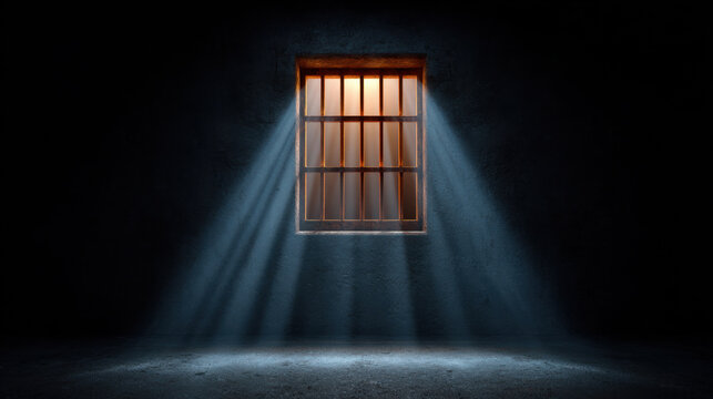 Prison cell window iron bars barred window dark room beam of light cold light shadow jail confinement interior