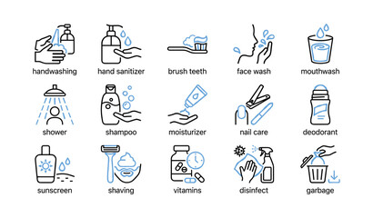 Fototapeta premium Personal hygiene and care icons showing bathroom routines and products