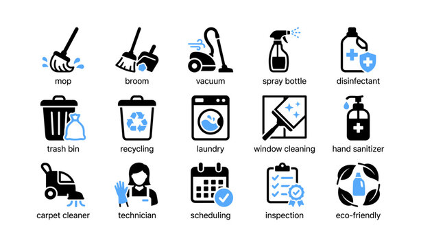 Cleaning and sanitation icons arranged in grid on white background