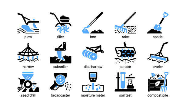 Set of agricultural tool icons showing farm implements and labels