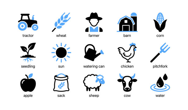 Farm icons showing animals crops tools and buildings on white