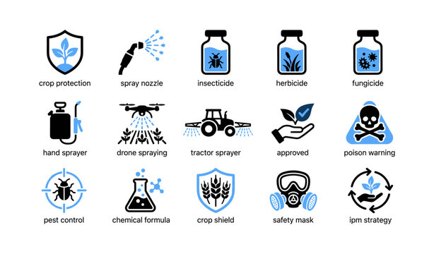 Agricultural icons showing crop protection tools on white background