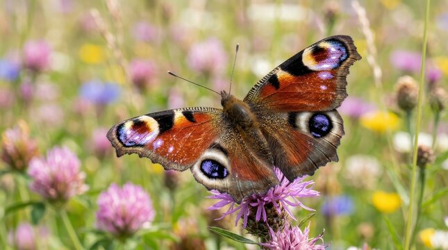 Peacock Butterfly Resting on a Purple Flower in a Sunny Meadow