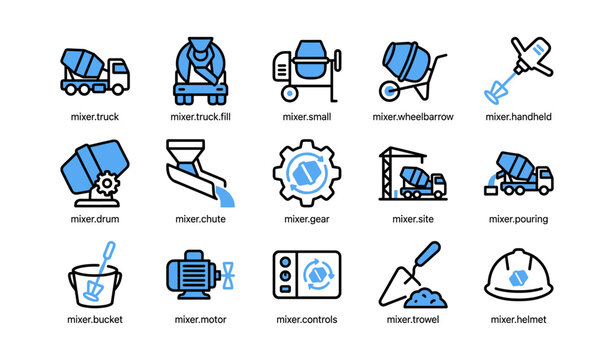 Concrete mixer and construction tool icons on white background