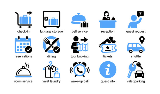 Hotel guest services and front desk icons arranged in grid
