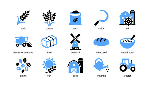 Agriculture and harvest icons showing machinery and produce