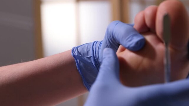 Podiatrist with chisel tool examining client's foot indoors, closeup