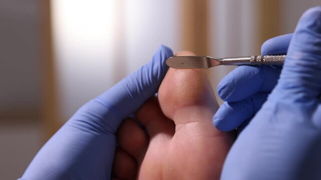 Podiatrist removing dead skin from client's foot with chisel tool indoors, closeup