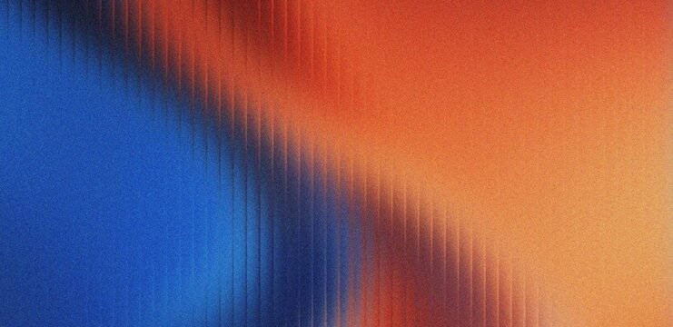 Vibrant orange and deep blue gradient background with vertical ribbed texture and grainy noise effect creating high contrast contemporary artistic style for web banners.