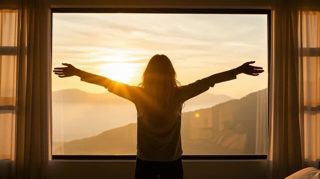 Young woman standing with arms outstretched facing sunrise through large bedroom window, morning mindfulness concept