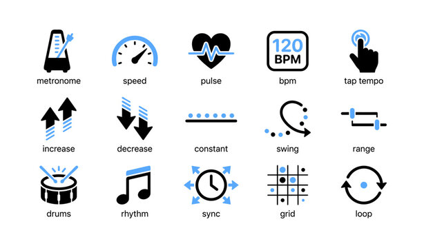 Tempo and rhythm control icons arranged on white grid