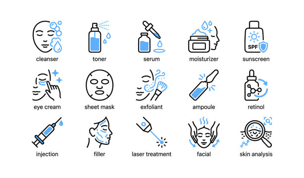 Skincare icons showing treatment and product types on white background