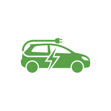 Green electric car icon with charging plug and lightning bolt