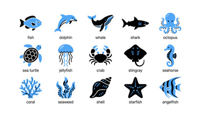 Fototapeta premium Marine life icons showing fish sea creatures and coral elements