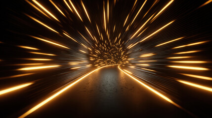 Obraz premium Golden light tunnel glowing line abstract motion dark road speed effect radiant burst curved path futuristic scene