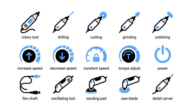 Rotary tool icons showing bits and speed controls on white background