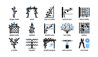 Naklejka premium Vine trellis and training icons showing support structures