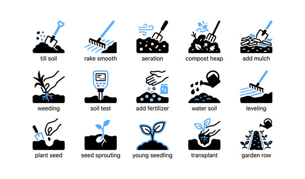Garden soil and planting icons showing cultivation steps