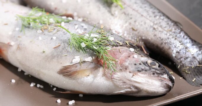 Sprinkling salt onto raw trout fish with spices and dill on black table, closeup