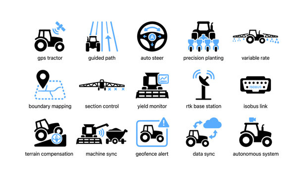Precision agriculture and autonomous tractor icons on white grid