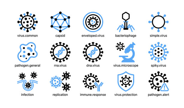 Virus icons showing types and immune concepts on white background