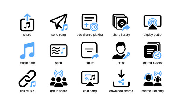 Music sharing icons showing sharing actions on white background
