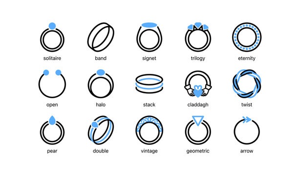 Collection of ring and jewelry icons arranged on white grid