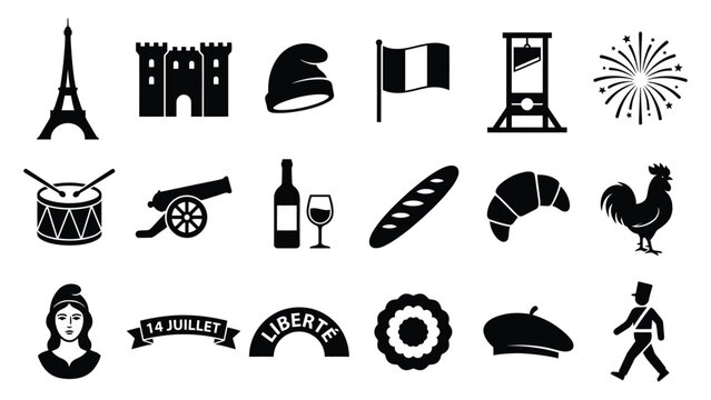 French culture and bastille day icon set featuring landmarks food symbols and historical revolution elements