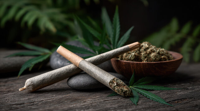 Cannabis joint marijuana leaf herb bud dark table wooden bowl stone smoking pipe green plant close up dried flower
