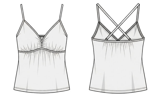 Lingerie illustration shows camisole front and back views with straps