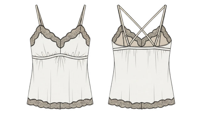Illustration shows a beige camisole with brown trim from front and back.