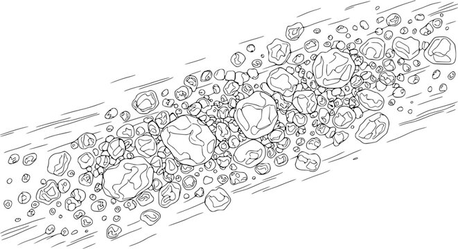 Abstract line art of tumbling rocks and pebbles in motion, black and white illustration