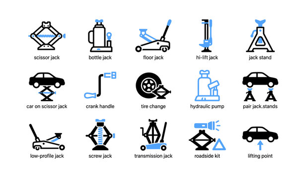 Vehicle jack icons demonstrating lifting tools on white background