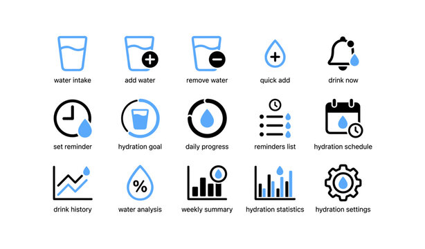 Water intake and hydration tracking icons in grid layout