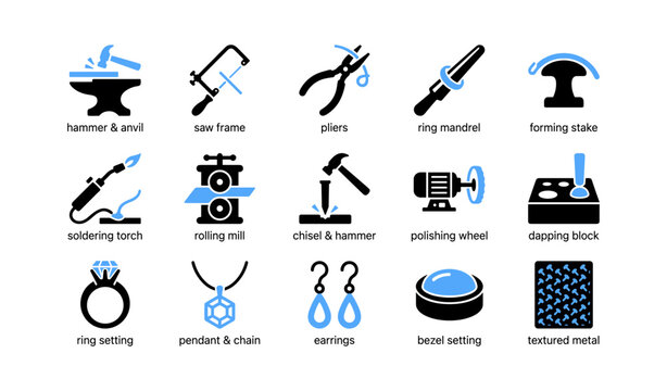 Jewellery tools arranged in a labeled grid on white background