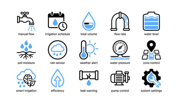 Irrigation icons displaying system functions on white background