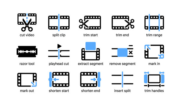 Editing icons showing trim handles and marks on white