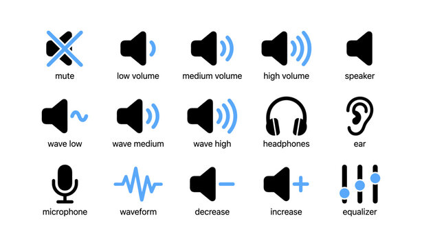 Audio volume and control icons displayed on white background
