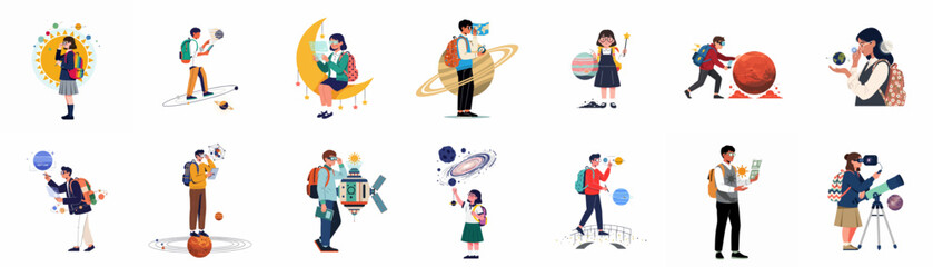 Illustration set of students exploring astronomy and the solar system using virtual reality, tablets, and futuristic educational tools. © Nenem