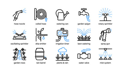 Fototapeta premium Garden watering icons showing hoses sprinklers on white grid