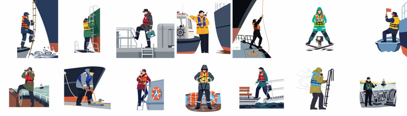 Vector Illustration Collection of Maritime Pilots and Crew Members Performing Various Duties and Safety Operations on Commercial Ships and Vessels © Wohlu